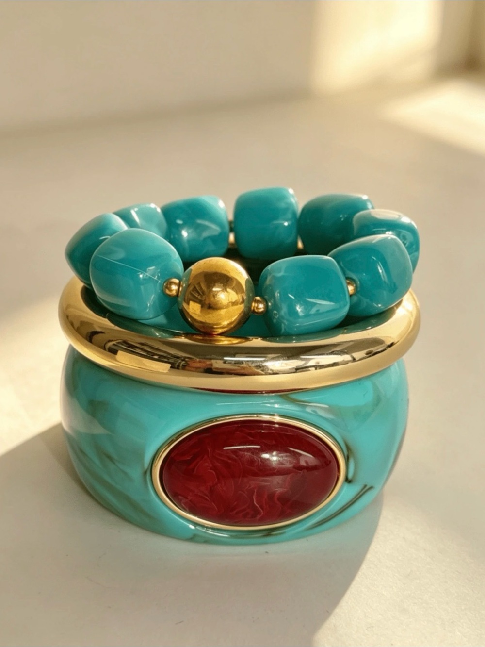 Turquoise Bead Stretch Bracelet with Gold Accent by